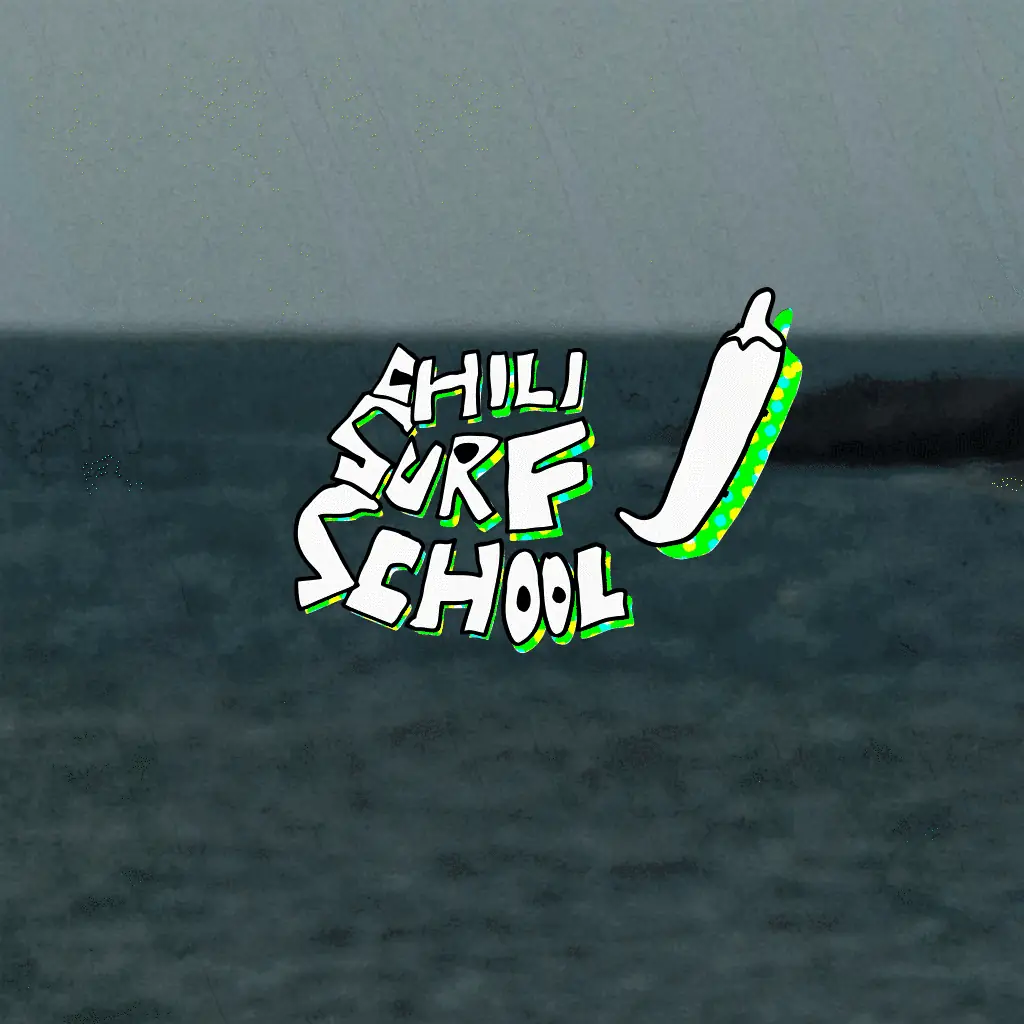 Chili Surf School animated wordmark and illustration over the sea